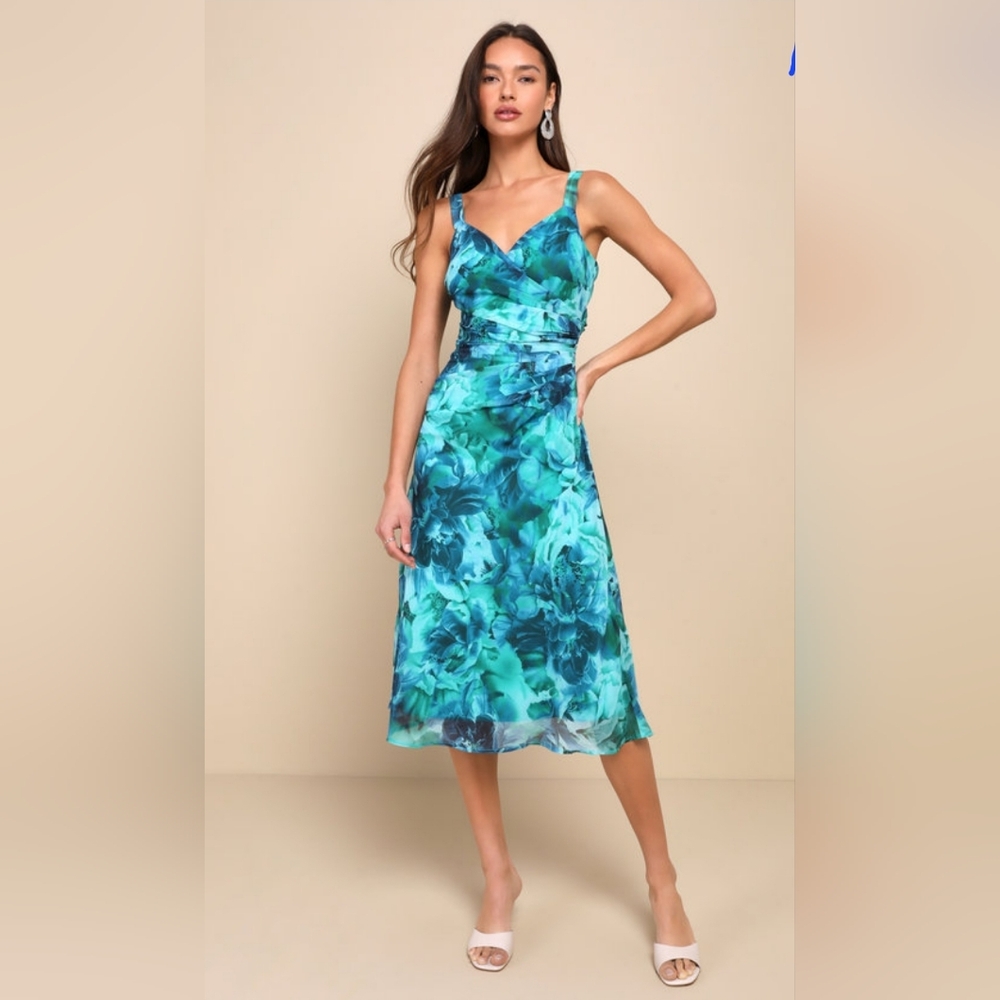 Lulus Ethereal Sweetie teal chiffon mid dress. NWT